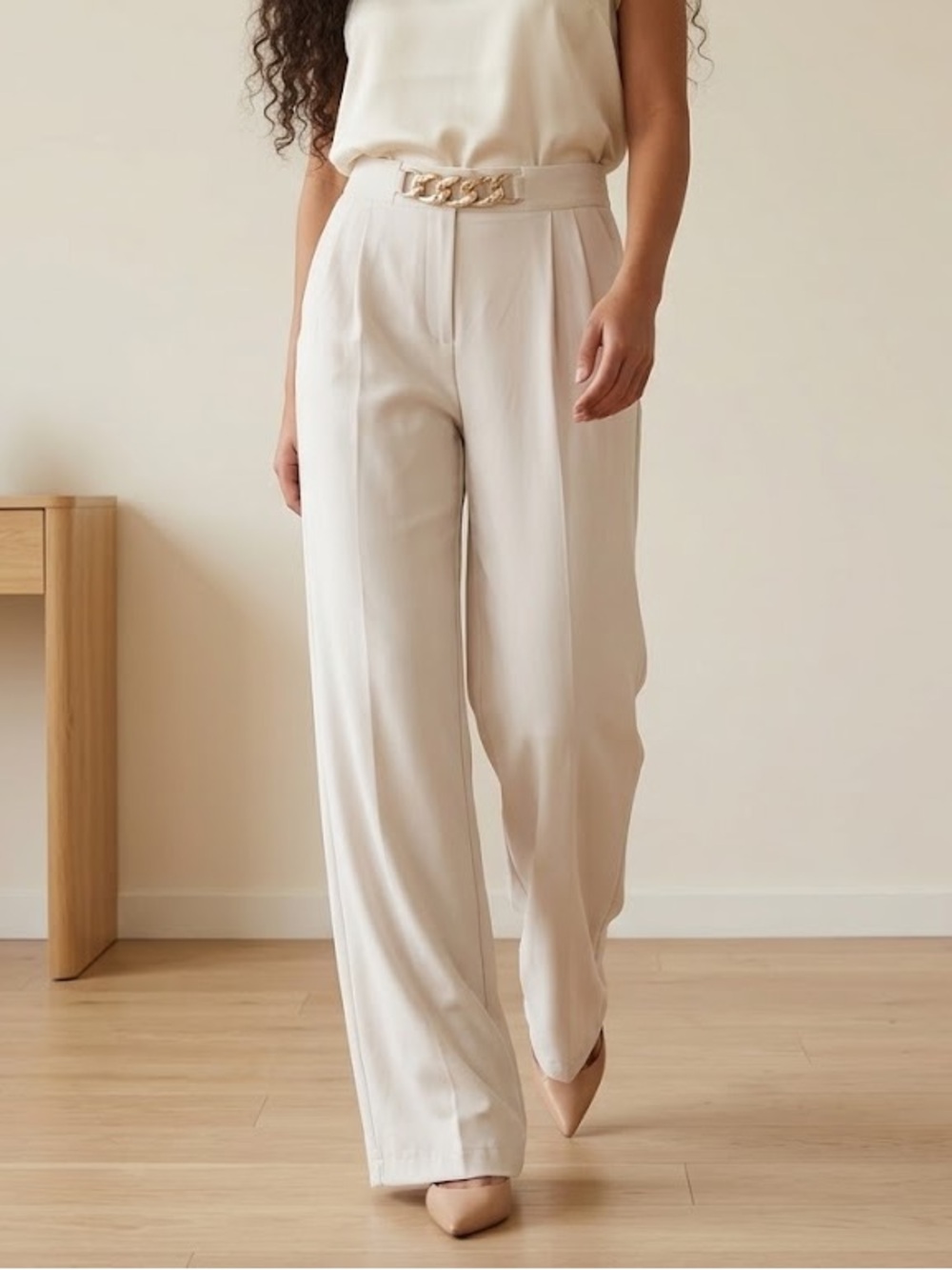 SHEIN Cream Wide-Leg Pants with Chain Belt